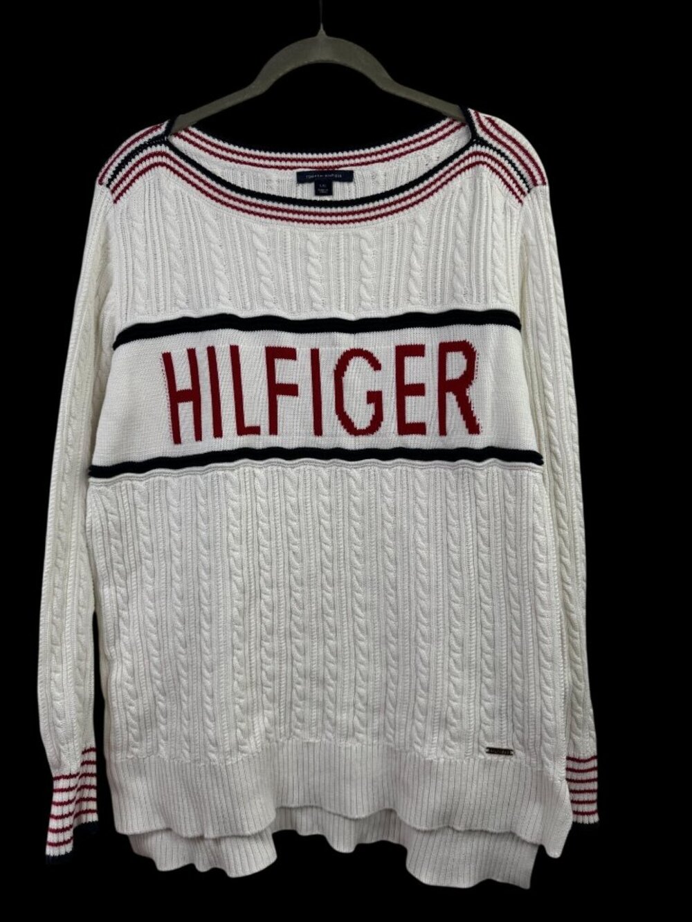 Tommy Hilfiger Womens Cable Knit Sweater White Red Blue Large 100% Cotton Preppy